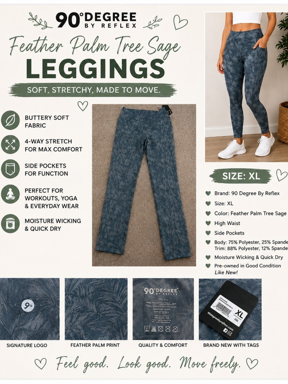 90 Degree by Reflex Feather Palm Tree Sage Leggings - XL (Large)